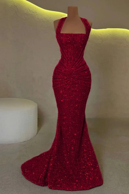 Gold Sleeveless Halter Straps Mermaid Prom Dress With Sequins