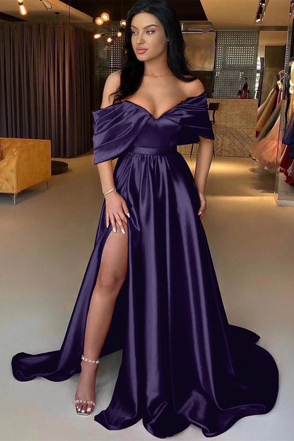 Red A Line Off The Shoulder Prom Dress Split