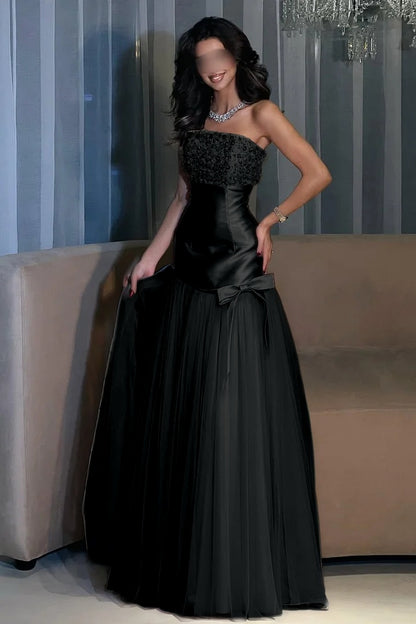 Charming Candy Pink Satin Tulle Sleeveless Strapless Long Evening Dress with Beadings