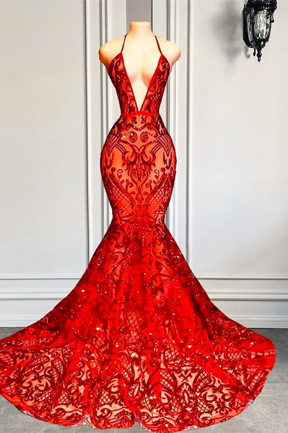 Red Halter Sequins Lace Prom Dress Mermaid