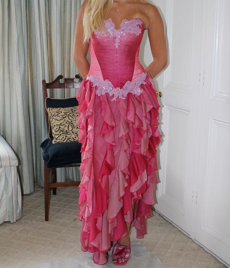 Vintage Hot Pink Lace Chiffon Ruffles Evening Dress Strapless Prom Dress fg8442