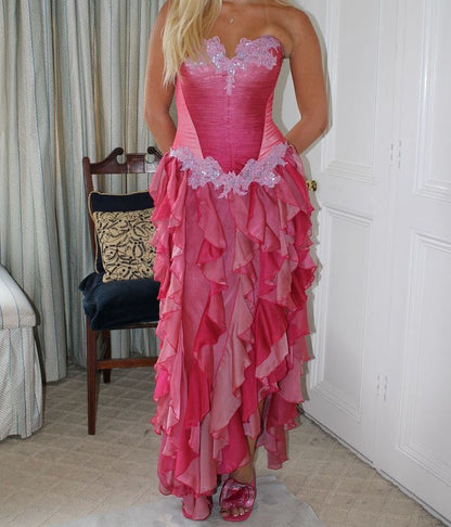 Vintage Hot Pink Lace Chiffon Ruffles Evening Dress Strapless Prom Dress fg8442