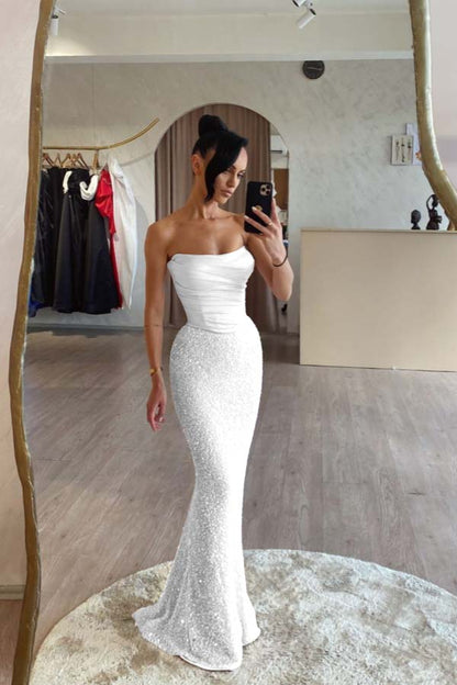 Pink Satin Sequins Spliced Strapless Mermaid Prom Dress