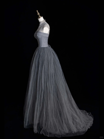 Simple Grey A Line High Neck Satin Tulle Long Prom Dress Graduation Prom Dress SH2521