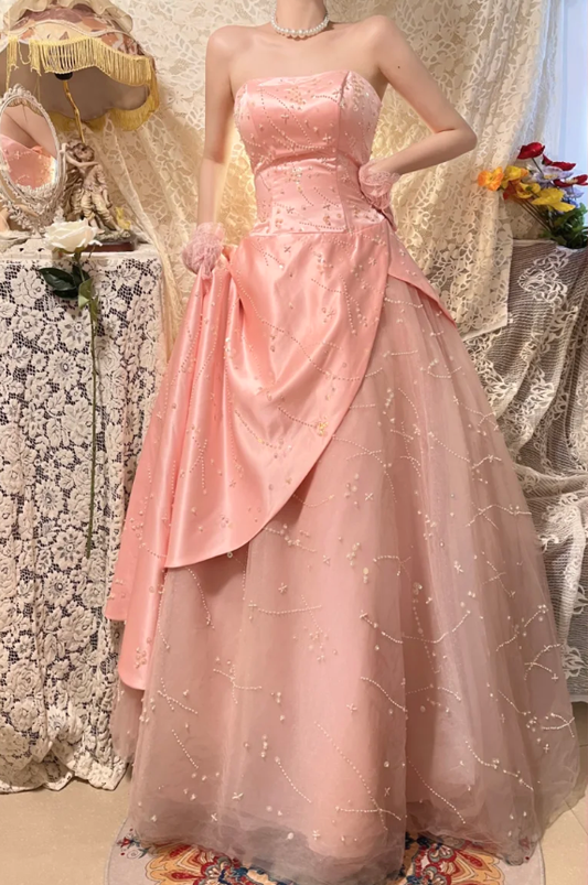Princess Pink A Line Strapless Beaded Satin Tulle Long Prom Dresses 16th Birthday Dresses SH4636