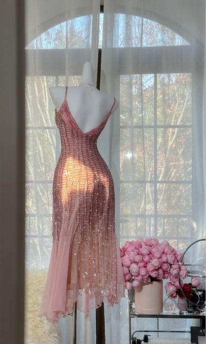 Pretty Spaghetti Straps Pink Chiffon Beaded Mermaid Long Wedding Guest Dress Pink Birthday Prom Dress Party Dress D2100