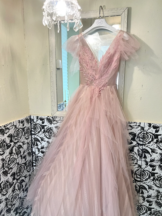 Classic Pink A Line V Neck Beaded Tulle Long Party Dress Prom Dress Formal Dress SH3850