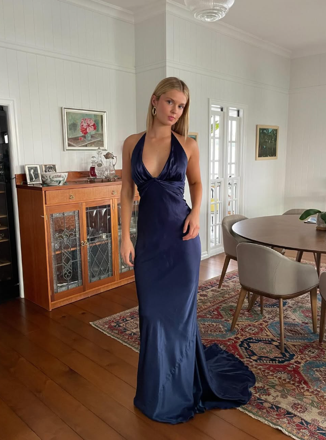Navy Blue Sheath V Neck Satin Open Back Long Sweep Prom Dress Graduation Prom Dress SH2588