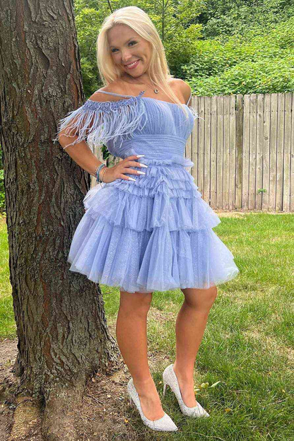 Off The Shoulder Pleated Tiered Tulle Party Dress,Pretty Homecoming Dress SH641