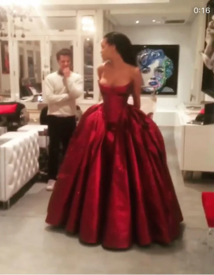 Elegant Burgundy Strapless Satin Long Wedding Guest Dress Formal Party Gown D1767