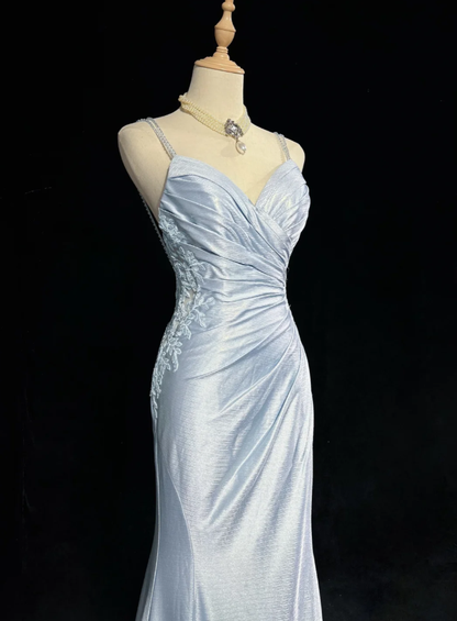 Elegant Spaghetti Straps Blue Satin Appliques Sequin Mermaid Long Wedding Guest Dress Evening Dress D1846