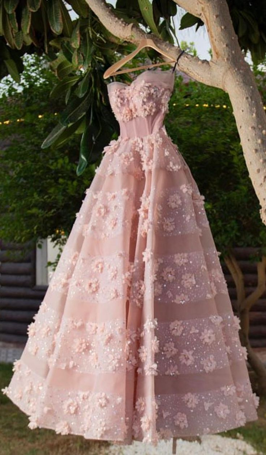 Sweet Strapless Tulle Sequin Appliques Pink Party Dress Evening Gown D1230
