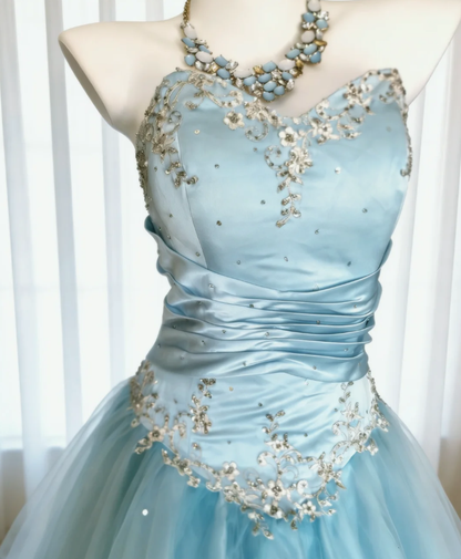 Fairy Sweetheart Neck Blue Tulle Appliques Long Wedding Guest Dress Formal Party Dress SP1633