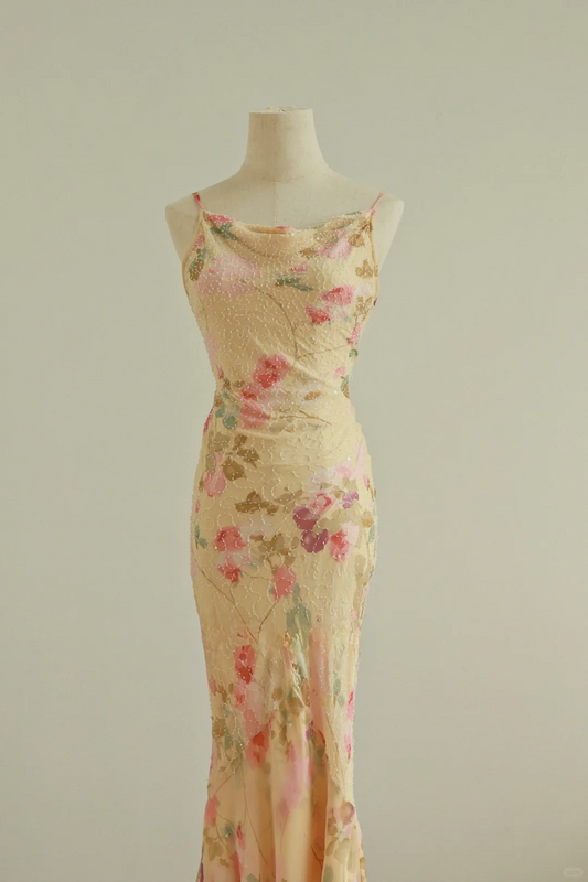 Retro Print Floral Mermaid Spaghetti Strap Beaded Chiffon Prom Dress Evening Dress SH3900
