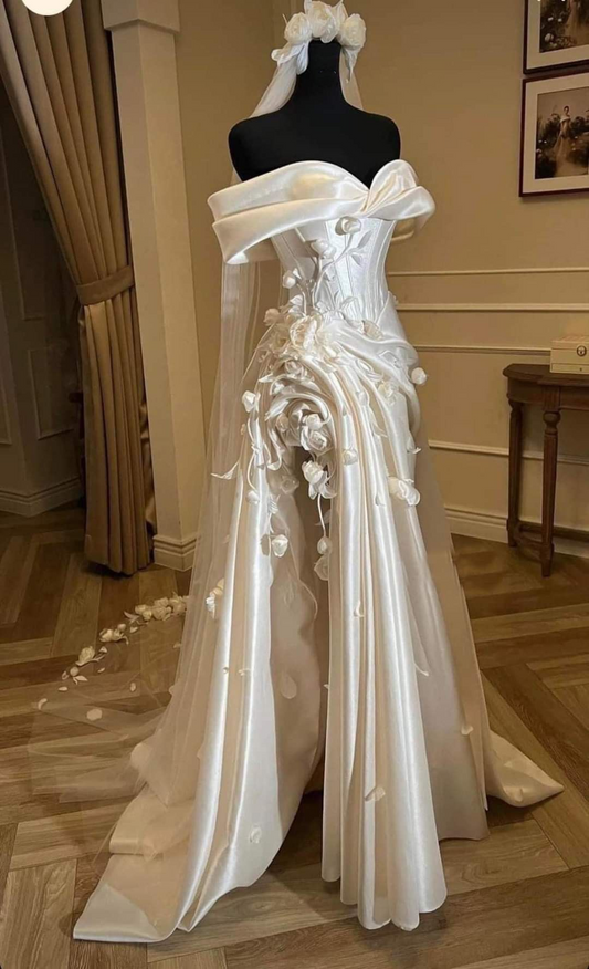 Charming Off The Shoulder White Satin Pleated Mermaid Long Wedding Dress With Flowers D1077
