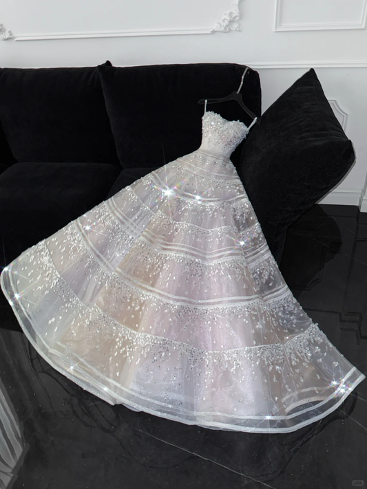 Exquisite White Beaded Ball Gown Strapless Sequin Tulle Prom Dress Party Dress SH3412