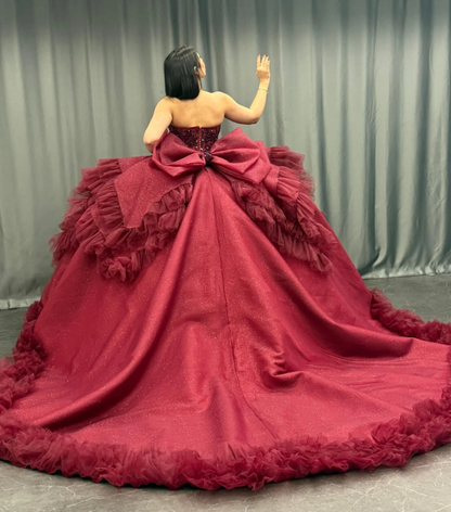 Princess Burgundy Quinceanera Dresses Beaded Appliques Tulle Sweet 16 Party Prom Ball Gown SH3270