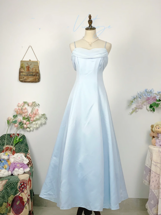 Vintage Yellow Simple A Line Spaghetti Strap Chiffon Satin Prom Dress Outfits SH4952