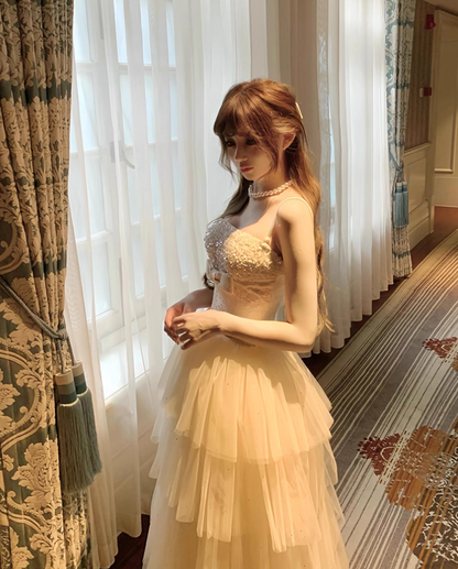 Cute Ball Gown Spaghetti Strap Beaded Layered Tulle Prom Dress 16th Birthday Dress SH4056