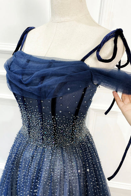 Shiny Navy Blue Tulle Straps Long Prom Dresses Party Dresses, A-line Beaded Prom Dresses      fg5018