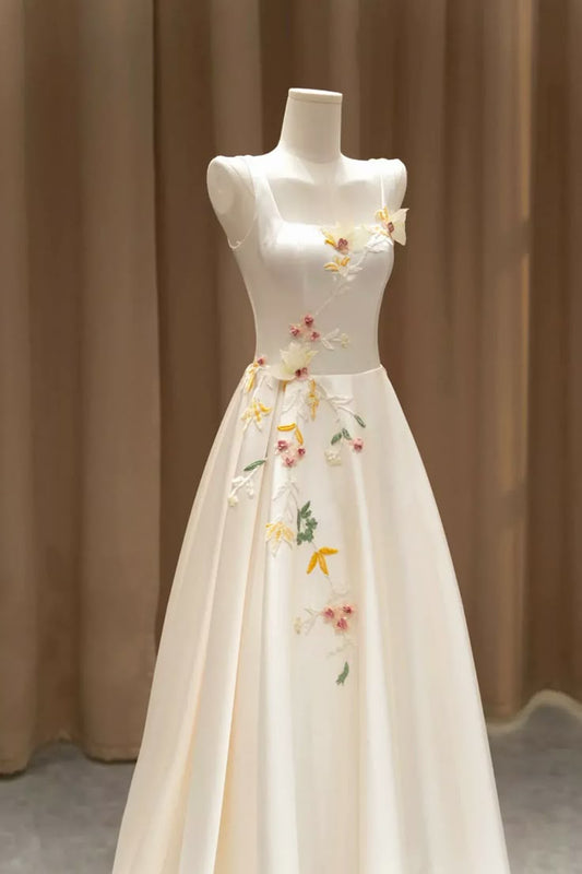Elegant Satin Floor Length Formal Dress with 3D Flowers, Light Champagne A-Line Evening Party Dress  fg7524
