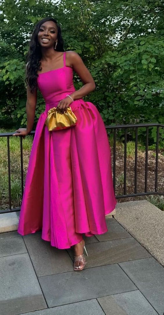 Fuchsia Spaghetti Straps A-Line Satin Long Formal Party Dress    fg7476