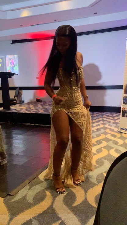 Sexy Gold Long Prom Dress Evening Party Dresses With Slit   fg7699