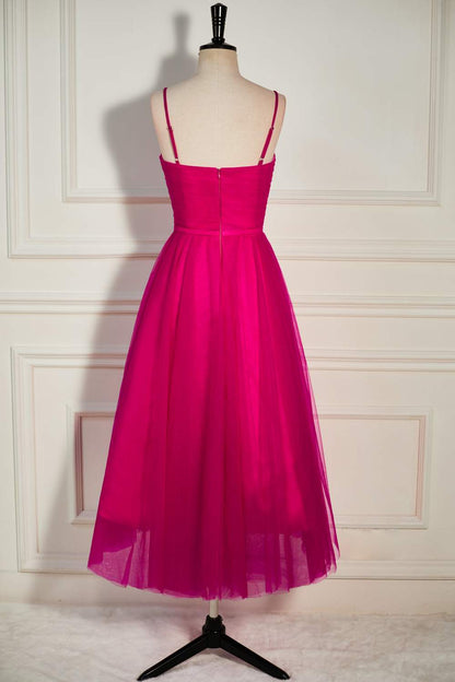 Fuchsia Straps A-line Tulle Tea-Length Prom Dress