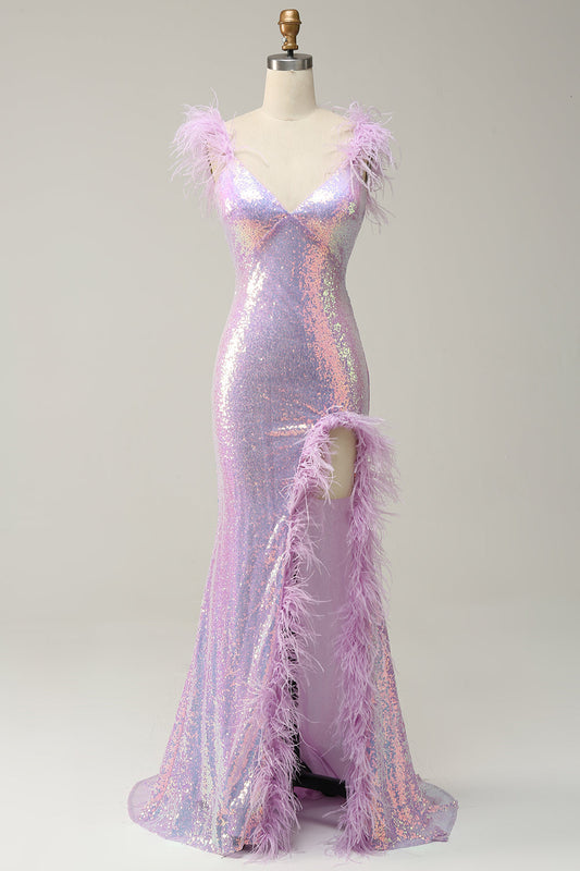 Sequin Mermaid V-Neck Backless Party Prom Dress With Feathers