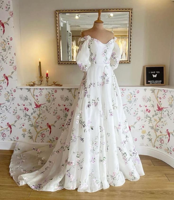 Women's Floral Print Wedding Dresses, Off-the-Shoulder Bridal Gowns, Beach Sweep Train Bridal Gown      fg8066