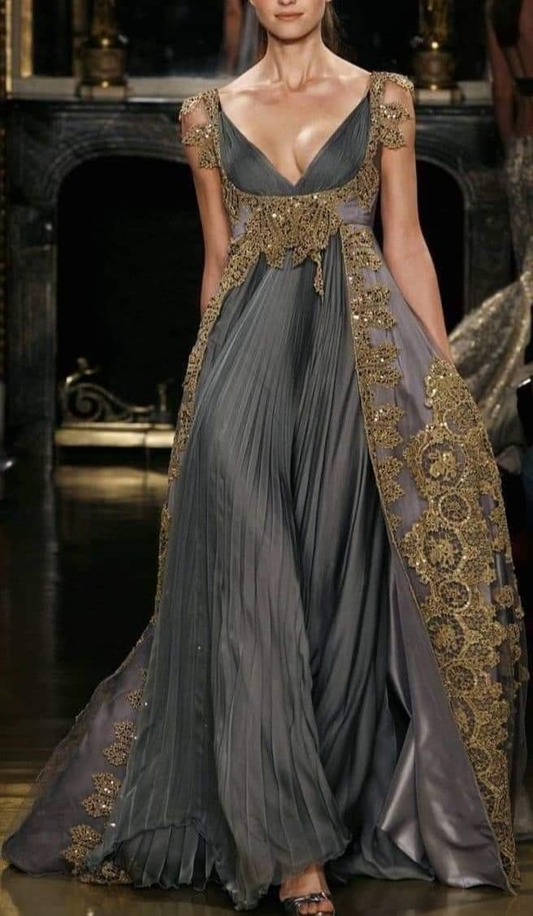 V Neck Dark Gray Evening Dress Classy Gold Lace Long Prom Dress  fg8378
