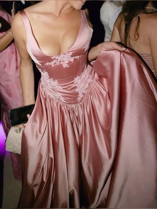 Elegant A Line Floor-length Satin Long Pink Evening Dress Prom Dresses       fg6647