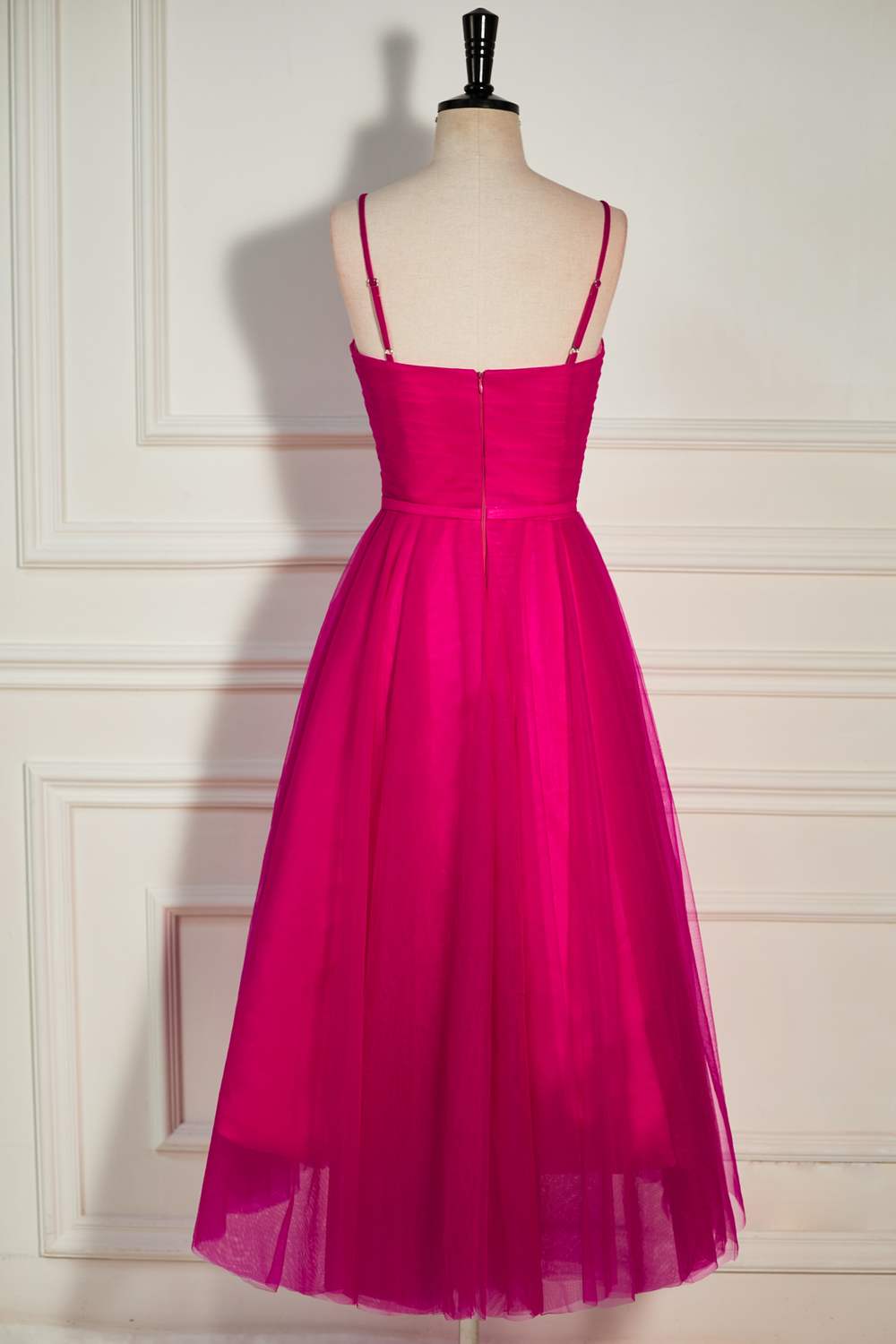 Fuchsia Straps A-line Tulle Tea-Length Prom Dress