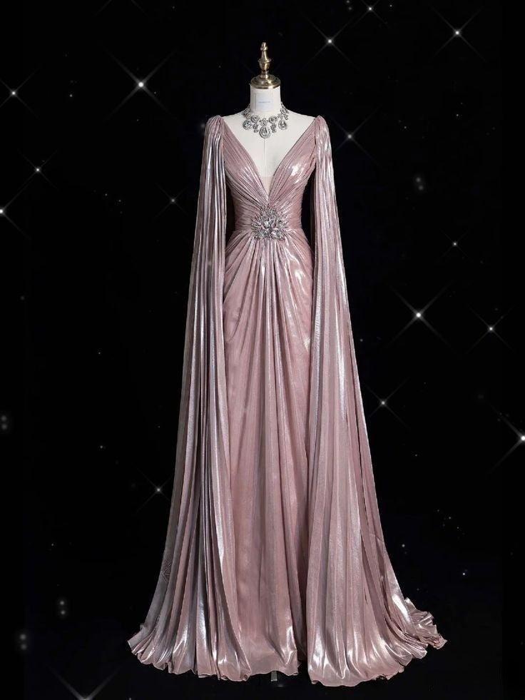 Luxury A-line Evening Prom Dress Long Sleeve V-neck Shiny Custom Made Party Gowns   fg7452