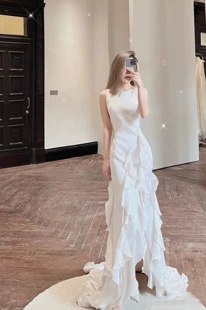 White Sheath Halter Backless Wedding Dress    fg3671