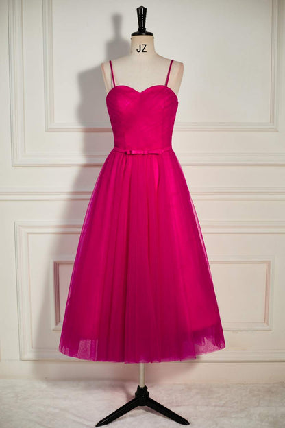 Fuchsia Straps A-line Tulle Tea-Length Prom Dress