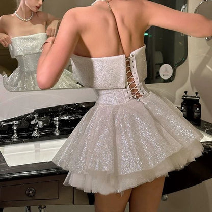 A Line Homecoming Dress Elegant Strapless Short Dress, Sparkly Birthday Evening Party Cocktail Dress  fg7944