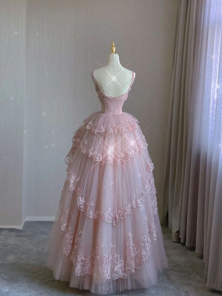Pink tulle lace long prom dress, pink evening dress      fg3281