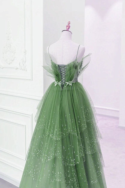 Glam Layers Tulle Straps Beaded Long Party Dress, Long Formal Dress       fg5451