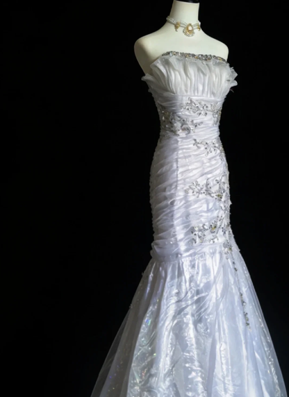 Elegant Strapless White Tulle Beaded Mermaid Long Party Dress Birthday Prom Dress D2164