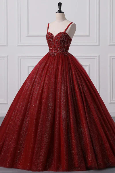 Burgundy A Line Spaghetti Strap Beaded Sequins Tulle Prom Dresses SH1681