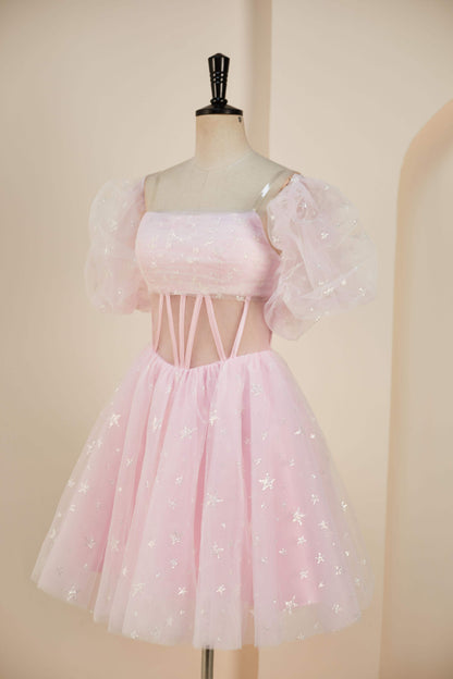 Pink A-line Strapless Homecoming Dress with Detachable Sleeves