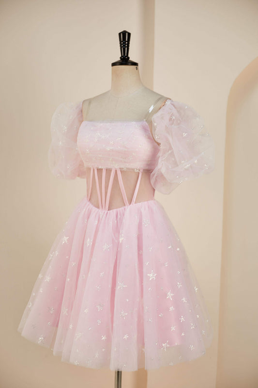 Pink A-line Strapless Homecoming Dress with Detachable Sleeves