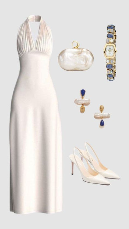White Halter Formal Dress Party Dress Long Evening Dress Prom Dresses    fg7817