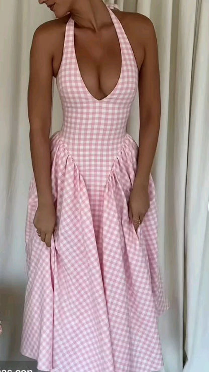 A Line Halter Sleeveless Plaid dress Evening Party Gowns    fg7423