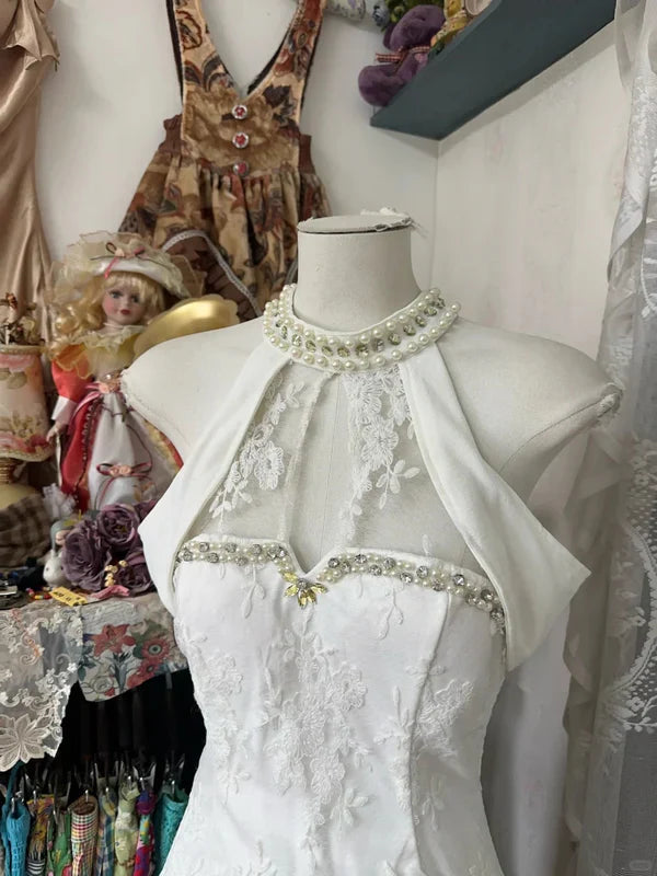 Vintage White A Line Halter Pearl Beaded Lace Homecoming Dress Cocktail Dress SH3711