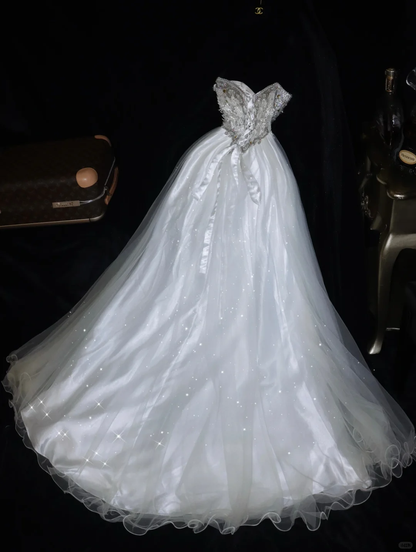 Classy A Line Sweetheart Neck Pearl Beaded Lace Tulle Satin Prom Dress Evening Dress SH3103