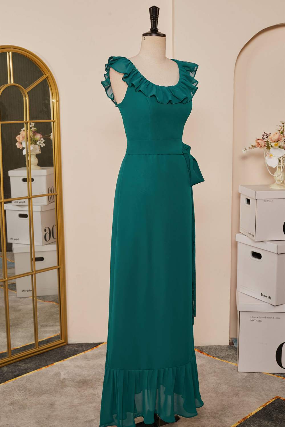 Teal Chiffon Ruffled Neckline Sleeveless Long Bridesmaid Dress