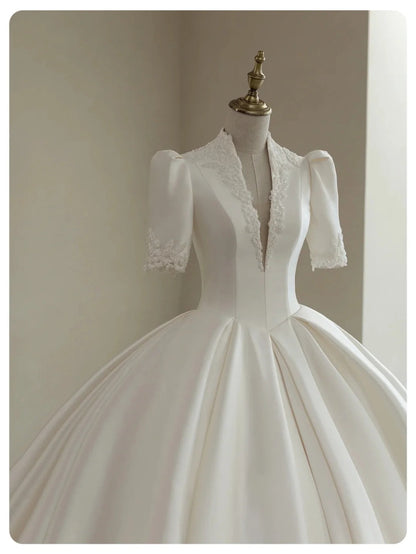A Line White Deep V Neck Short Sleeves Satin Long Princess Wedding Dress    fg8172