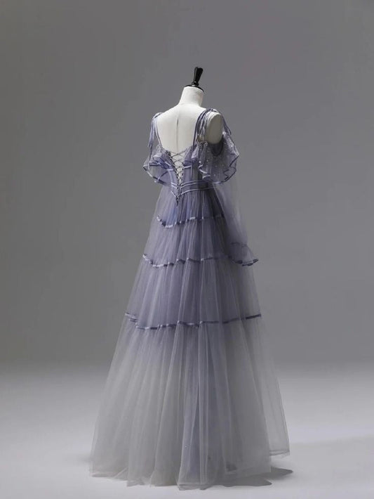 A Line Tulle Long Prom Dress Unique Evening Party Dresses  fg7655